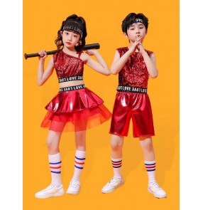 Children's red silver sequins jazz dance costumes kids street hiphop dance outfits Cheerleaders uniforms for boys girls